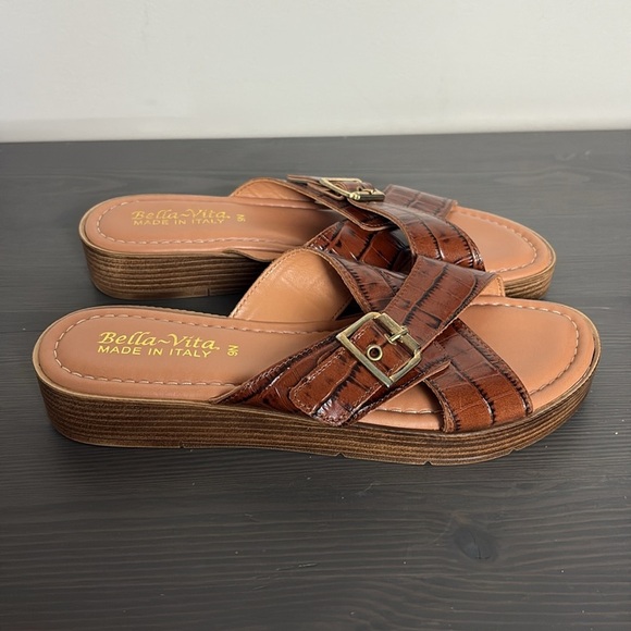 Bella Vita Italy Sandals Slides Slip On Cross Strap Brown Leather Size 9N Narrow - Picture 4 of 10